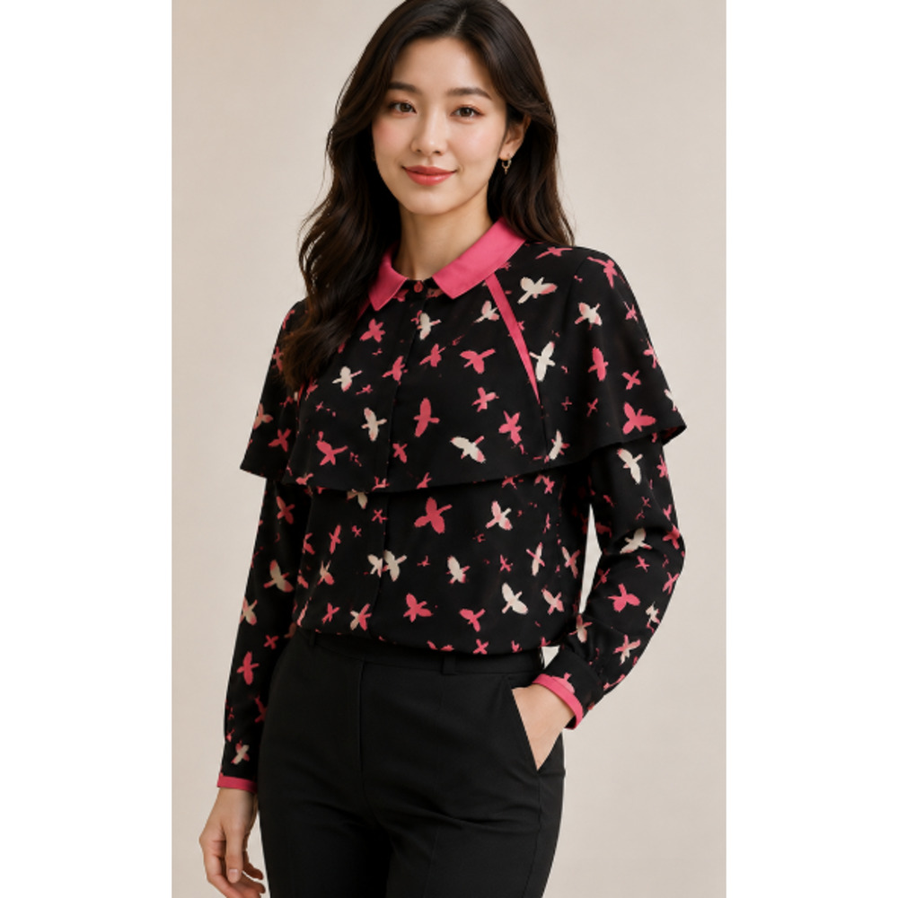 JILL by Jill Stuart Women Bird Print Cape Blouse Pink Collar Sz S Feminine Twee